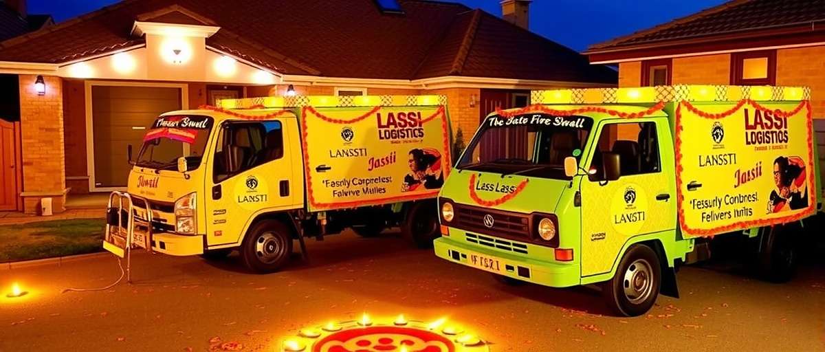 Lassi Logistics - Diwali Dairy Delight Lassi Logistics Diwali event showing decorated delivery vehicles carrying special festive lassi varieties to homes with diyas