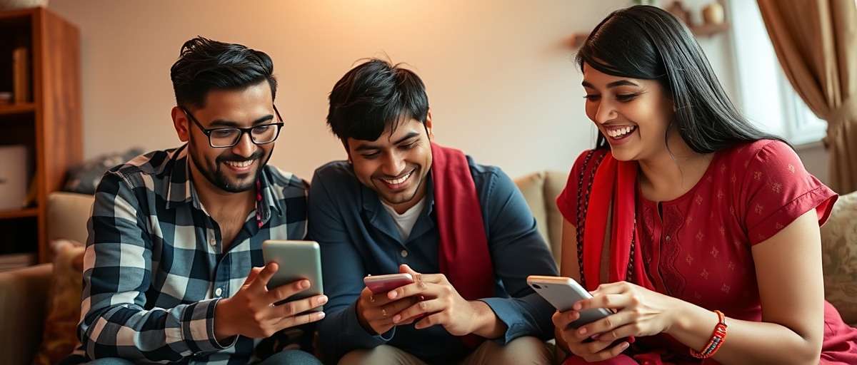Lassi Logistics - Family Game Night Indian family playing Lassi Logistics together on mobile devices, laughing and discussing delivery strategies